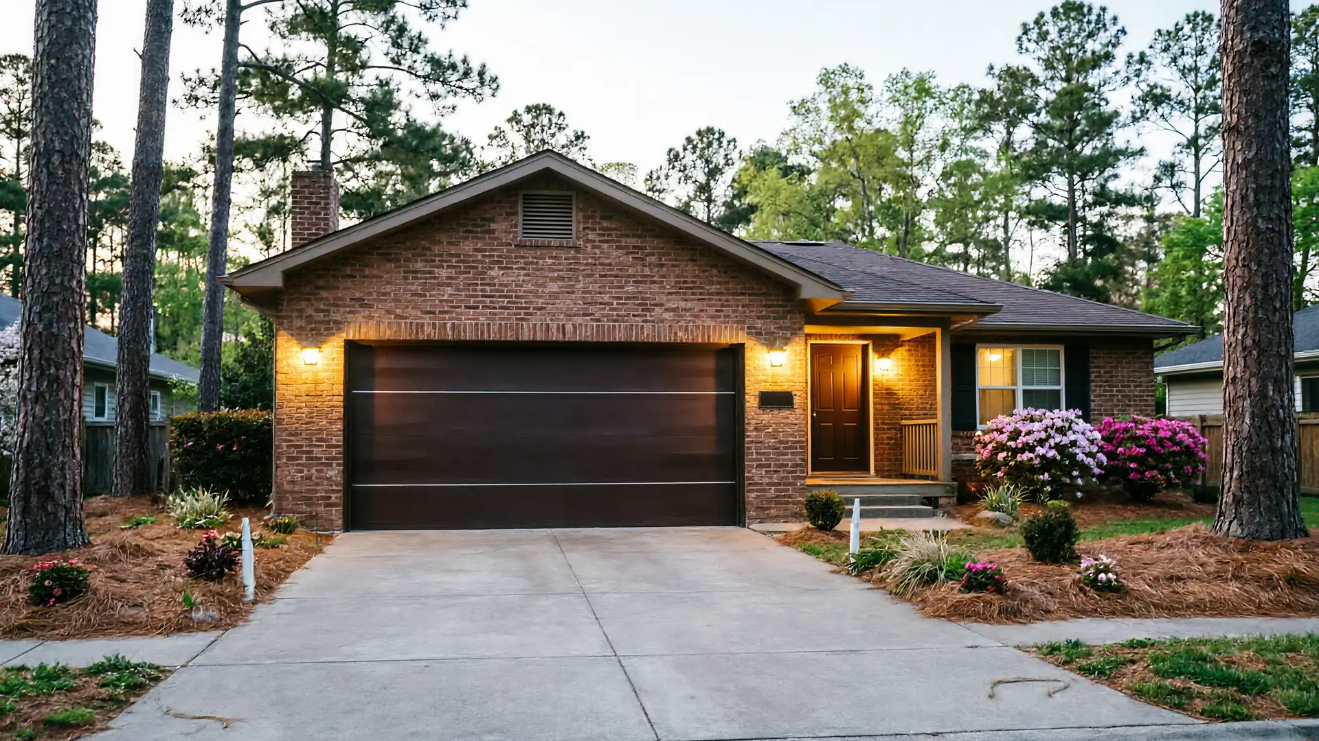 A brick house has a dark brown garage door and a concrete driveway.