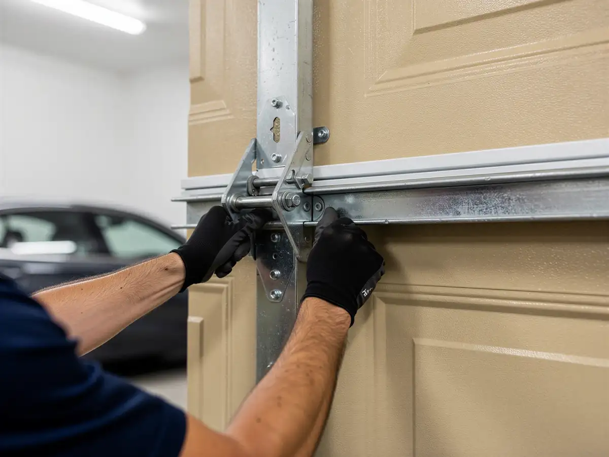 A technician in black gloves adjusts a metal garage door hinge.
