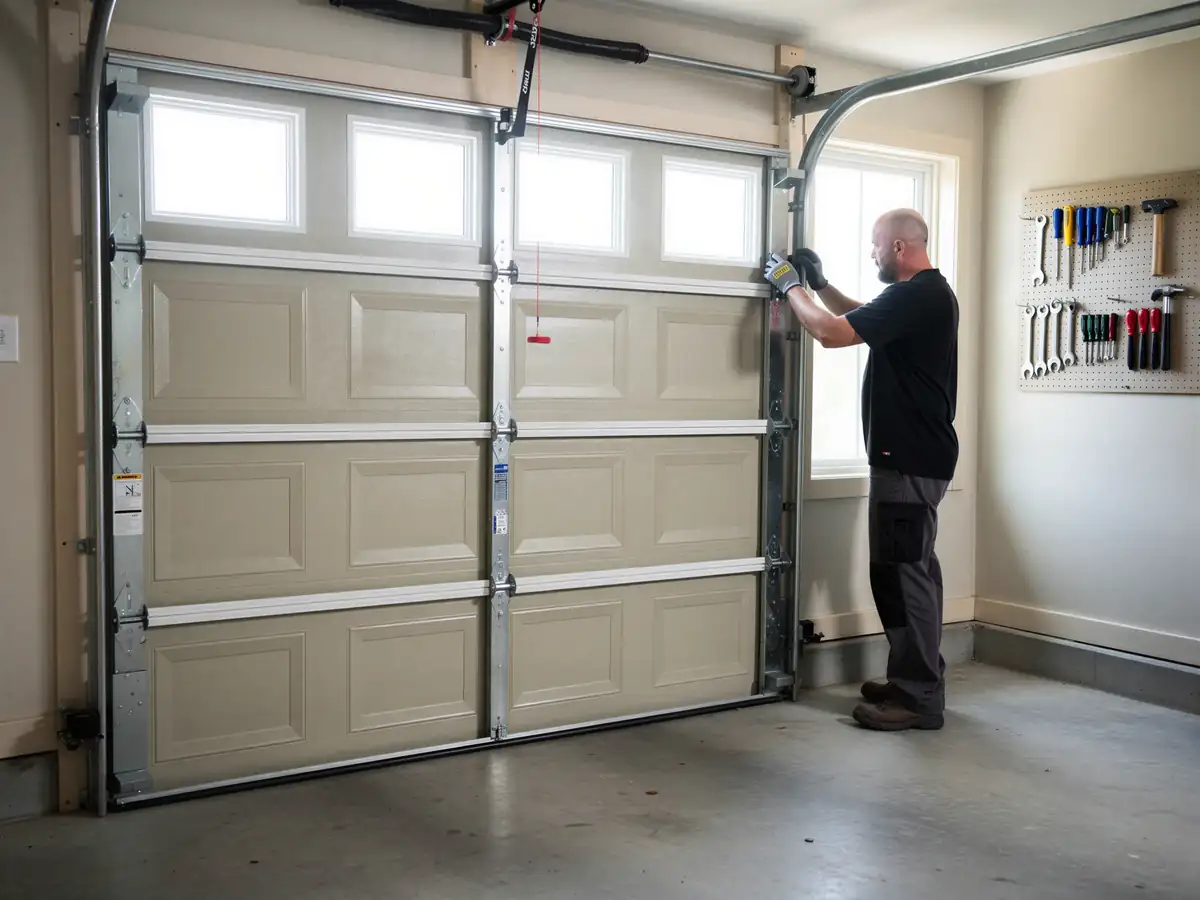A technician in a black shirt is working on a beige garage door.